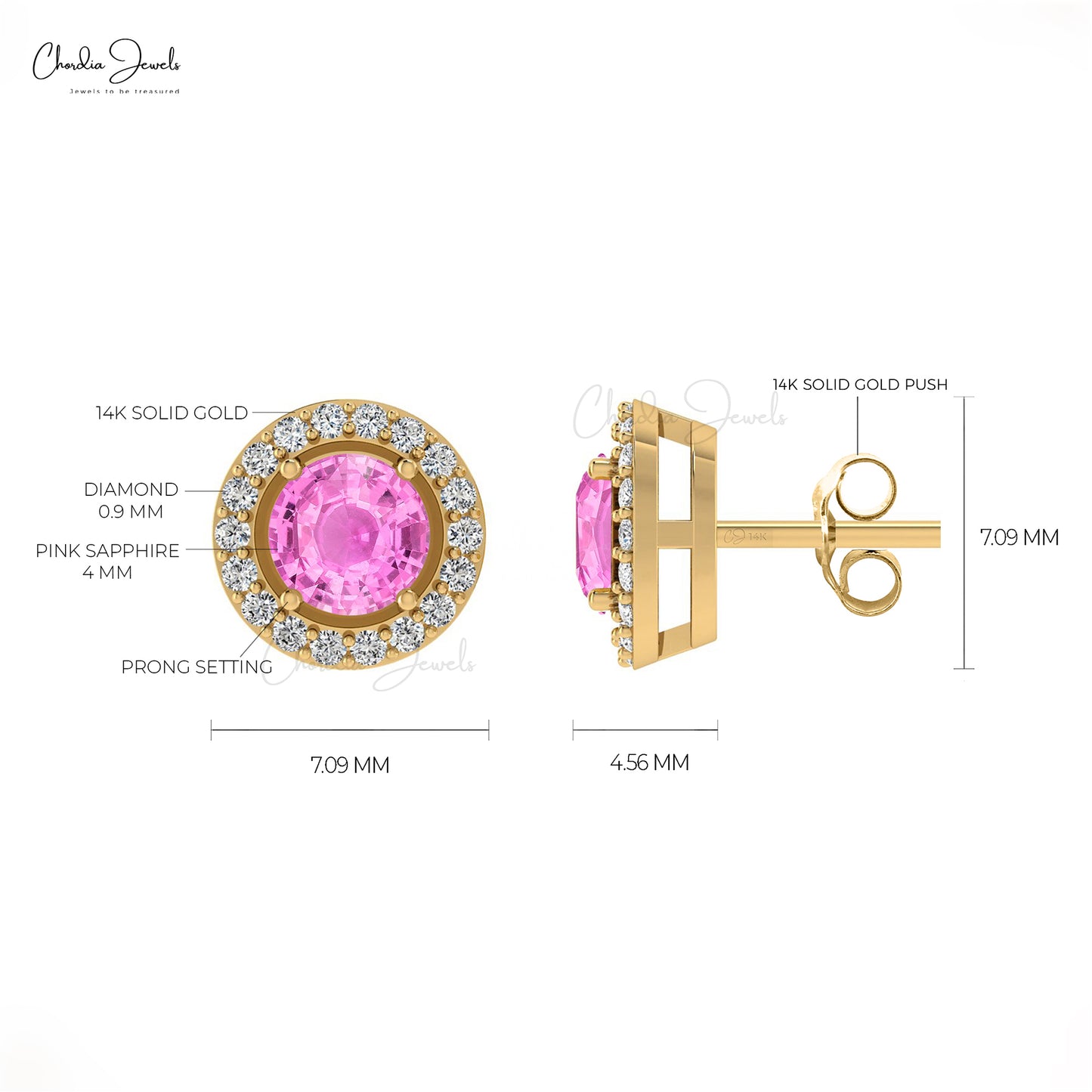 Natural Pink Sapphire Halo Earrings 14k Real Gold Diamond Prong Set Studs 4mm Round Cut Gemstone Vintage Fine Jewelry For Her
