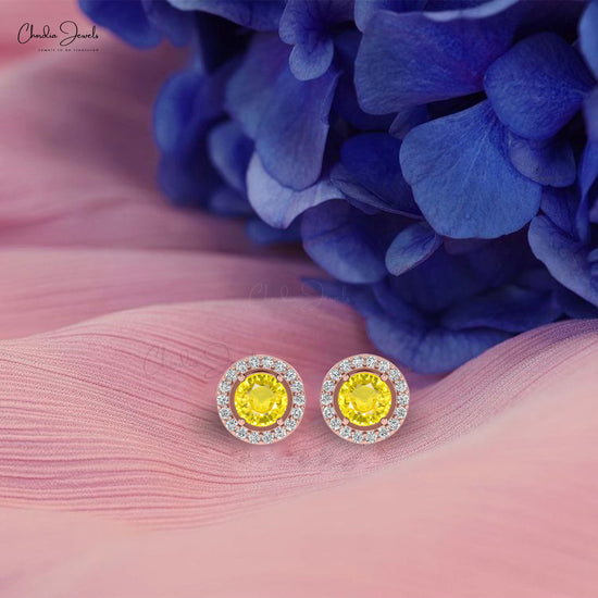 Delicate Yellow Sapphire Dainty Earrings 4mm Round Gemstone Minimalist Studs Genuine 14k Real Gold Diamond Halo Earrings For Fiance Gift