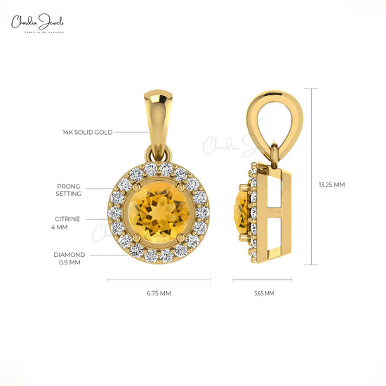 Genuine Citrine Halo Pendant 0.9mm Round Cut Diamond Summer Jewelry 14k Real Gold Hallmarked Pendant For Wedding Gift