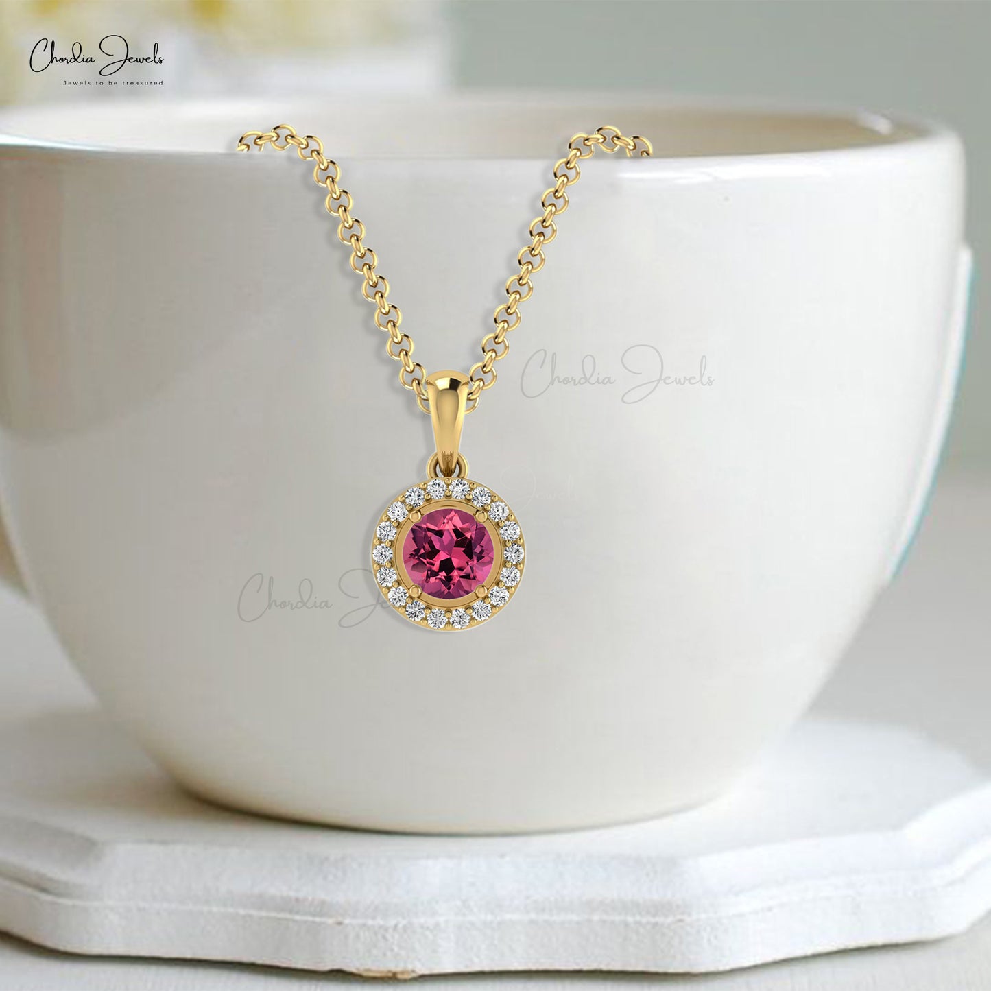 Dangle Stone Pendant in Pure 14k Gold Pink Tourmaline And Diamond Halo Necklace