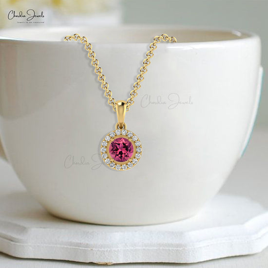 Dangle Stone Pendant in Pure 14k Gold Pink Tourmaline And Diamond Halo Necklace
