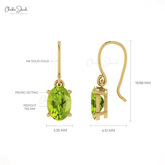 Green Peridot Dangler Earrings 14k Real Gold Handmade Earrings 7x5mm Oval Cut Natural Gemstone Jewelry For Birthday Gift