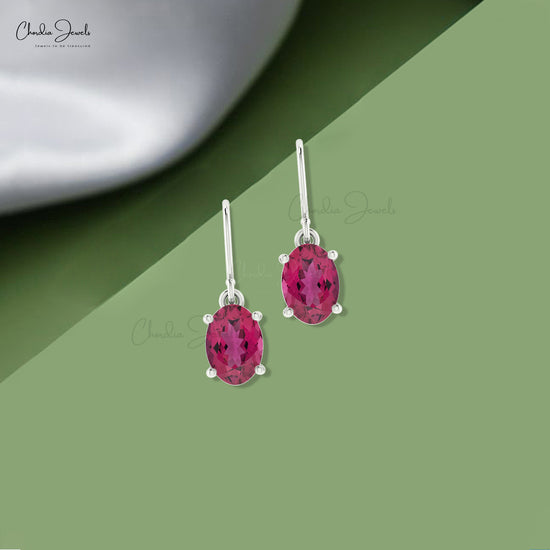 Natural Pink Tourmaline Dangle Earrings 14k Solid Gold White Diamond Fish Hook Earrings For Her