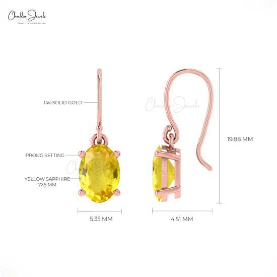 Delicate Yellow Sapphire Dainty Earrings 7x5mm Oval Gemstone Minimalist Studs Genuine 14k Real Gold Dangling Earrings For Fiance Gift