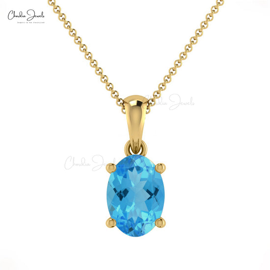 Natural Swiss Blue Topaz Solitaire Pendant 14k Real Gold Prong Set Handmade Pendant 7x5mm Oval Cut Gemstone Jewelry For Daughter