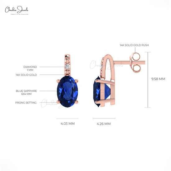 Iconic Blue Sapphire Prong Set Earrings 1.16Ct Oval Cut Genuine Gemstone Studs 14k Real Gold Diamond Art Deco Jewelry For Anniversary Gift