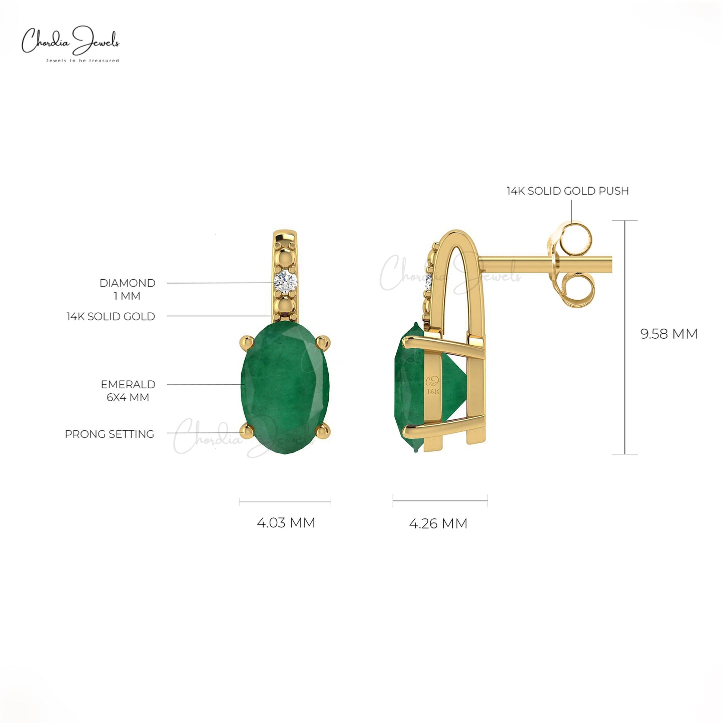 Green Emerald May Birthstone Studs 14k Real Gold Diamond Handmade Earrings 6x4mm Oval Cut Natural Gemstone Earrings For Birthday Gift