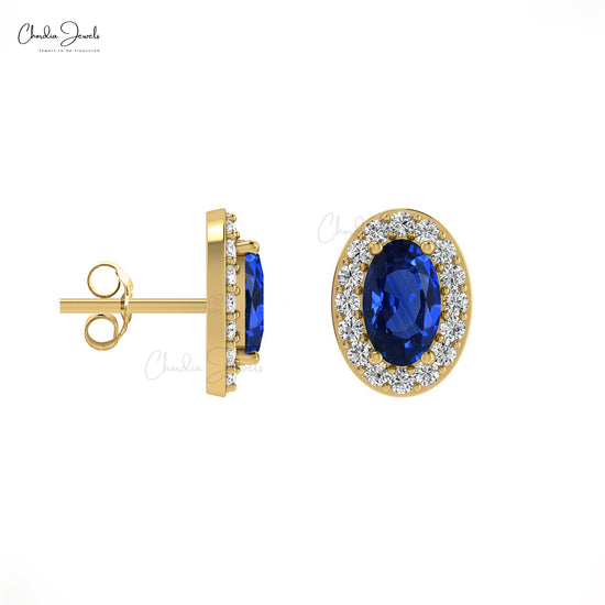 Genuine Blue Sapphire Stud Earrings with Round-Cut Diamonds in 14k Solid Gold For Her