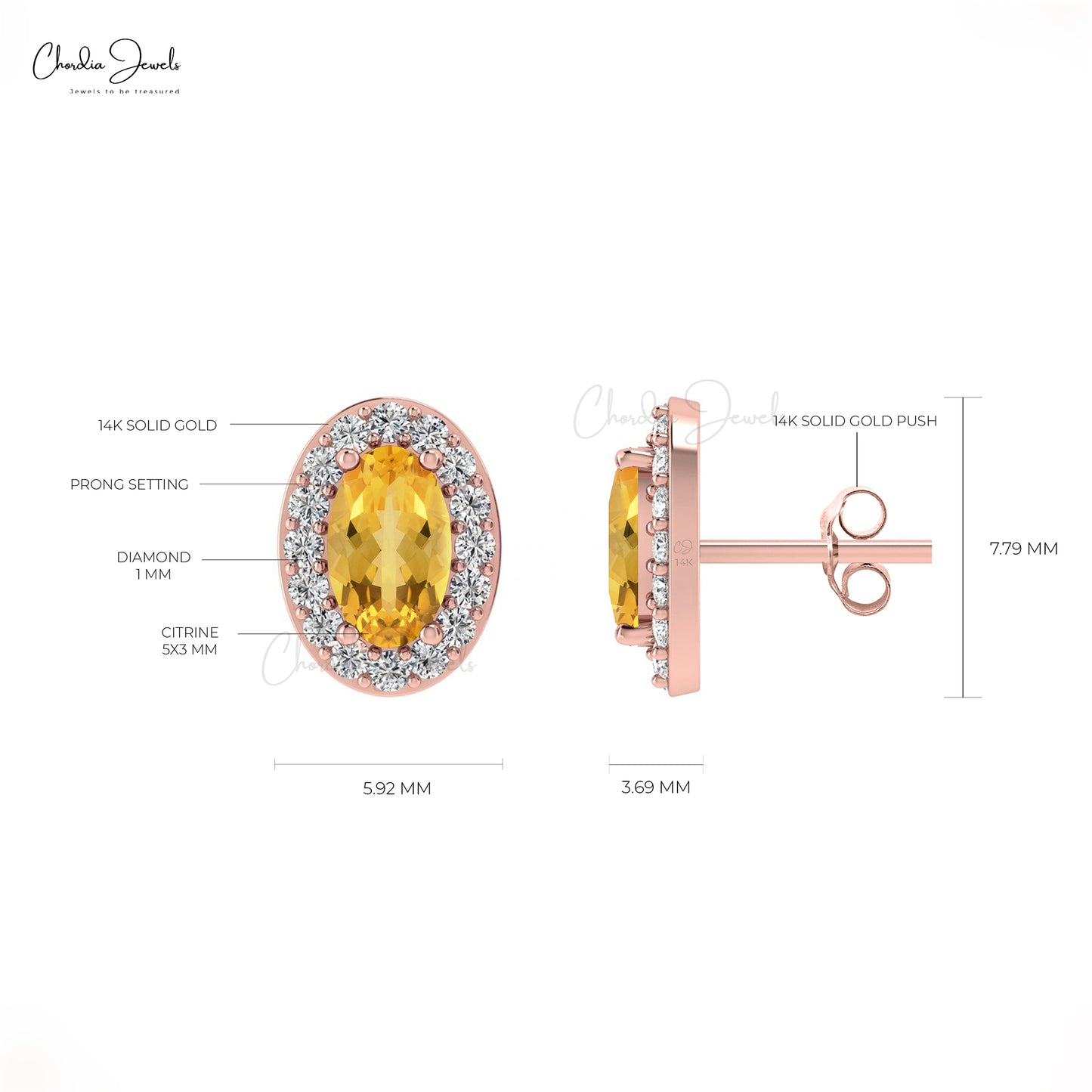 Elegant Yellow Citrine Halo Studs 14k Real Gold Diamond Handmade Earrings 5x3mm Oval Cut Natural Gemstone Earrings For Birthday Gift