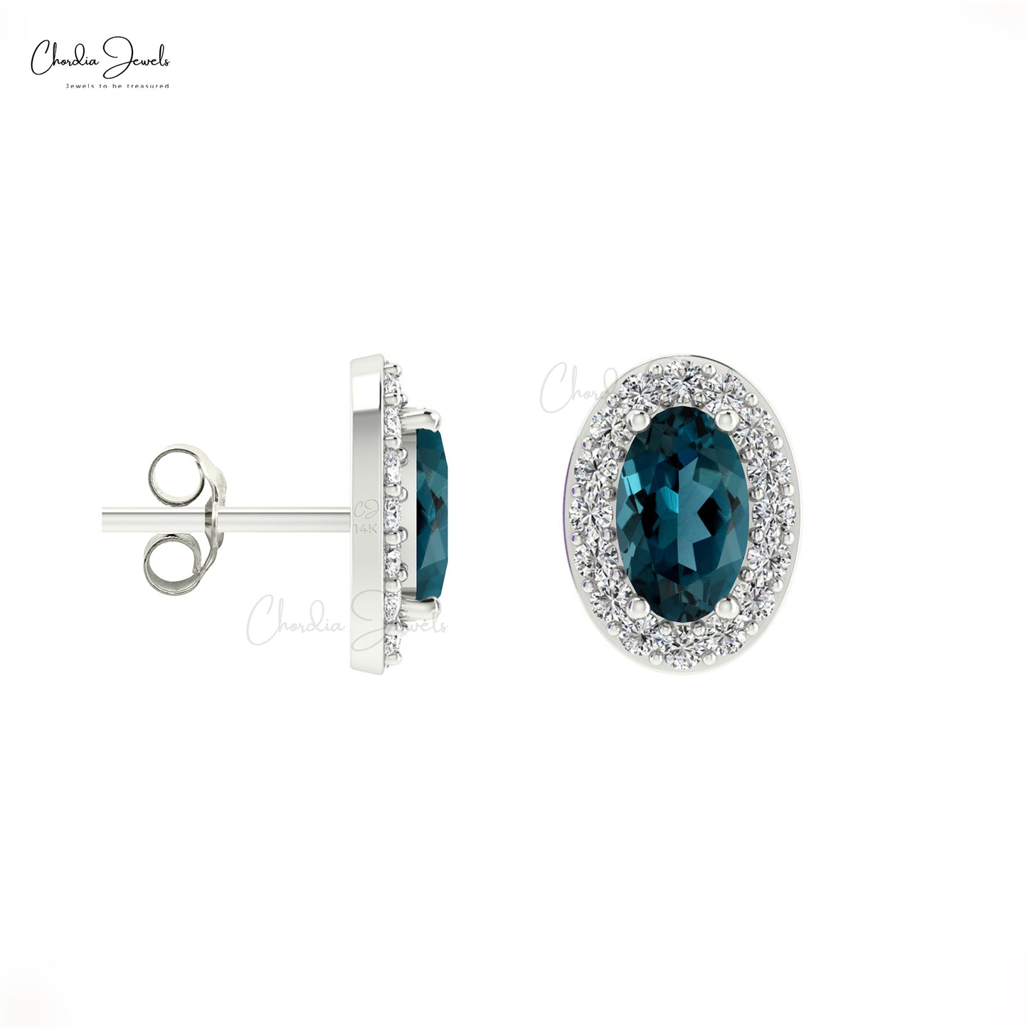 Solid 14k Gold Diamond Halo Earrings Authentic 5x3mm London Blue Topaz Studs For Wedding Gift