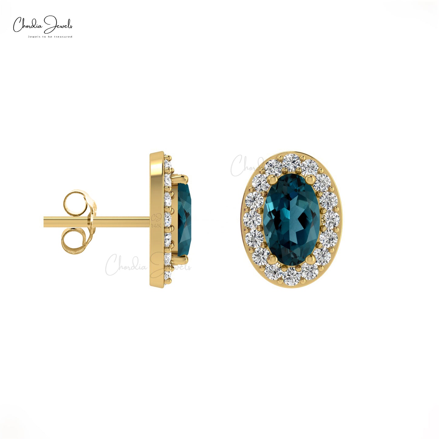Solid 14k Gold Diamond Halo Earrings Authentic 5x3mm London Blue Topaz Studs For Wedding Gift