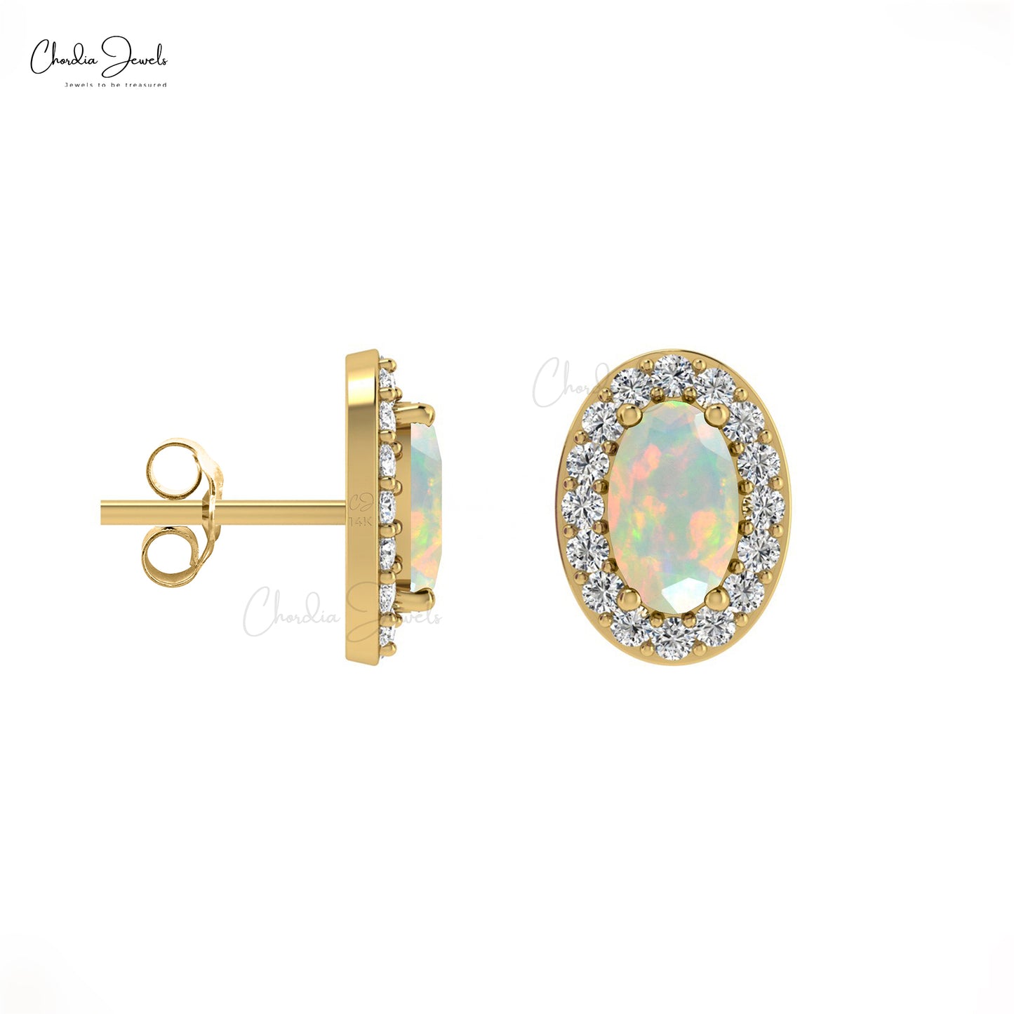 Natural 5x3mm Opal Dainty Earrings 14k Solid Gold Diamond Halo Earrings For Graduation Gift