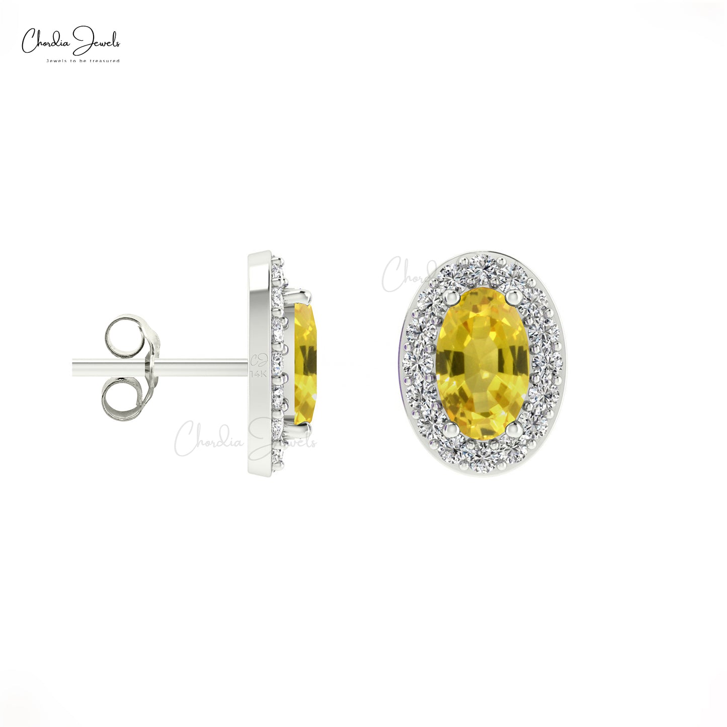 Genuine Diamond Halo & 0.54ct Yellow Sapphire Earrings 14k Solid Gold Handcrafted Studs