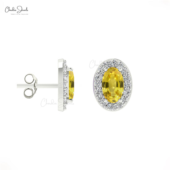 Load image into Gallery viewer, Genuine Diamond Halo &amp;amp; 0.54ct Yellow Sapphire Earrings 14k Solid Gold Handcrafted Studs
