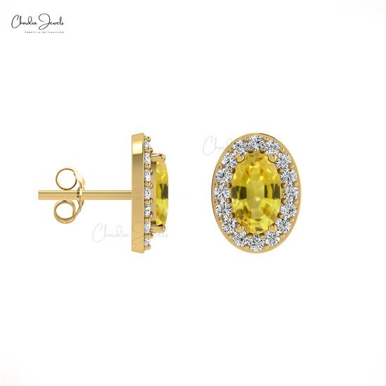 Load image into Gallery viewer, Genuine Diamond Halo &amp;amp; 0.54ct Yellow Sapphire Earrings 14k Solid Gold Handcrafted Studs
