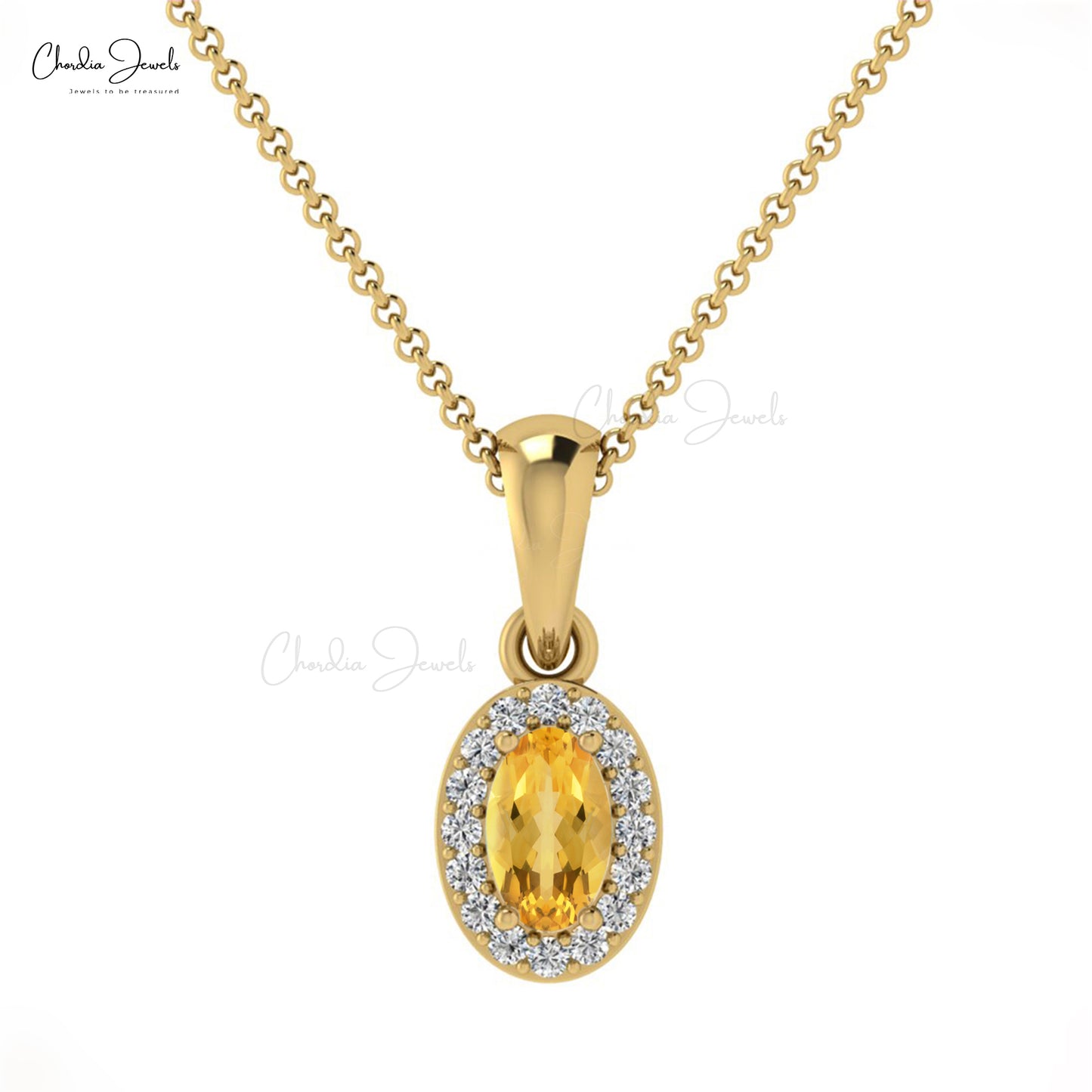 Natural Citrine Halo Pendant 14k Real Gold Diamond Surrounded Pendant 5x3mm Oval Gemstone Hallmarked Fine Jewelry For Bridal Gift