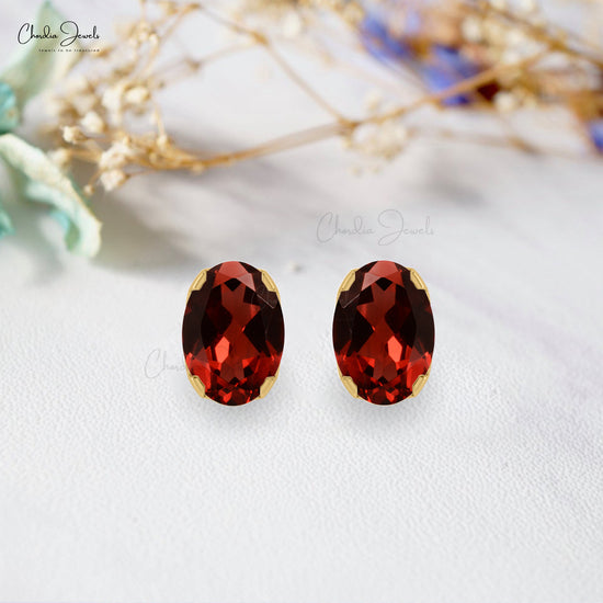 Red Garnet Solitaire Earrings 1.16Ct Oval Cut Natural Gemstone Dainty Studs 14k Real Gold Art Deco Jewelry For Anniversary Gift