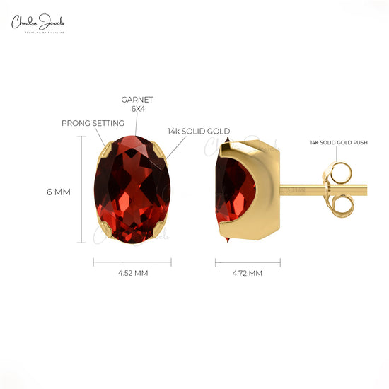 Red Garnet Solitaire Earrings 1.16Ct Oval Cut Natural Gemstone Dainty Studs 14k Real Gold Art Deco Jewelry For Anniversary Gift