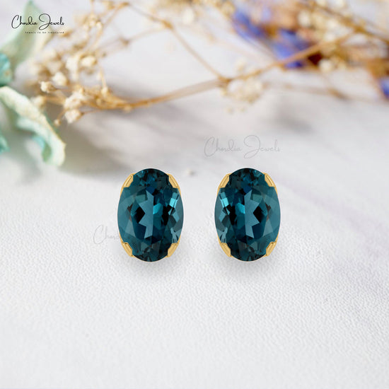 Natural London Blue Topaz Prong Set Earrings 0.88Ct Oval Gemstone Solitaire Studs 14k Real Gold Minimalist Jewelry For Bridal
