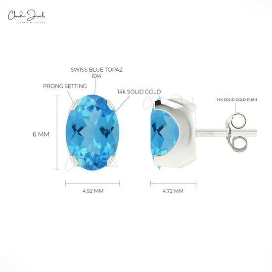 Delicate Swiss Blue Topaz Earrings 6x4mm Oval Gemstone Minimalist Studs Genuine 14k Real Gold Prong Set Hallmarked Earrings For Fiance Gift