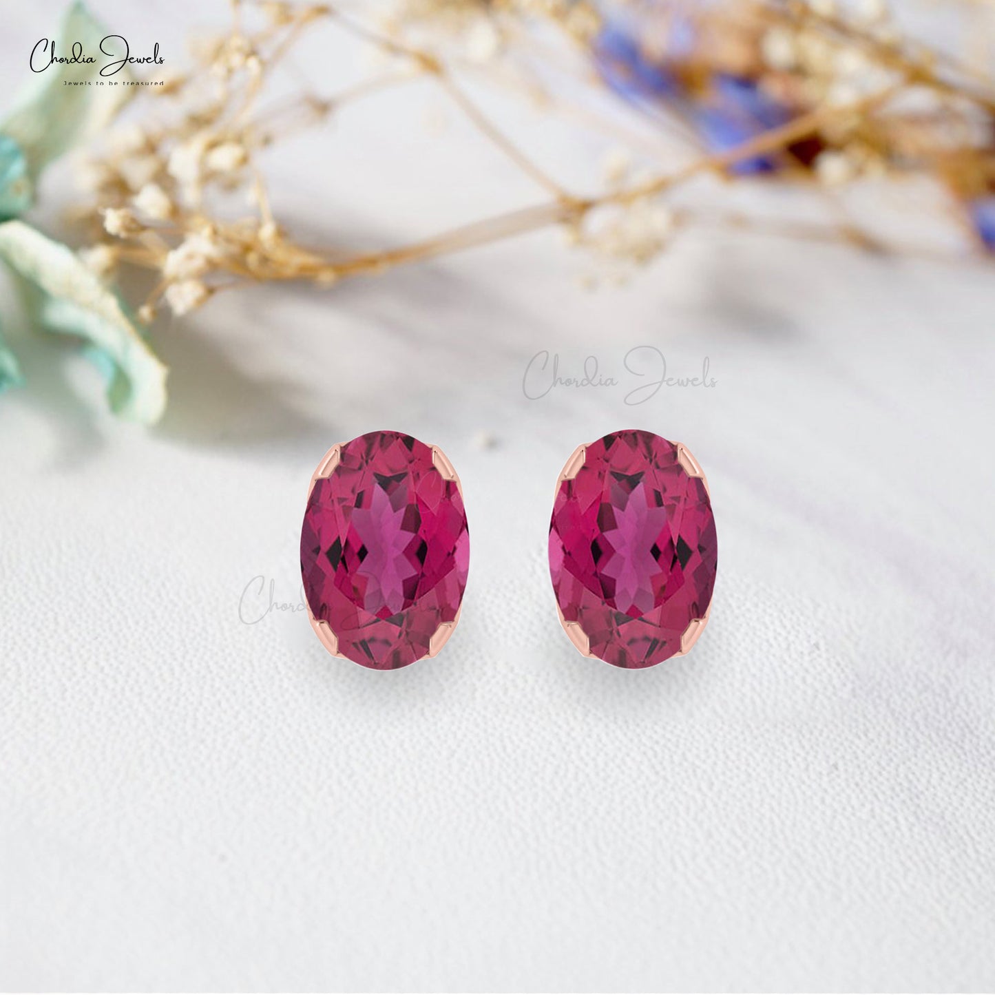 Genuine Pink Tourmaline Oval Cut Gemstone Studs Earring 14k Solid Gold Earrings For October Birthstone