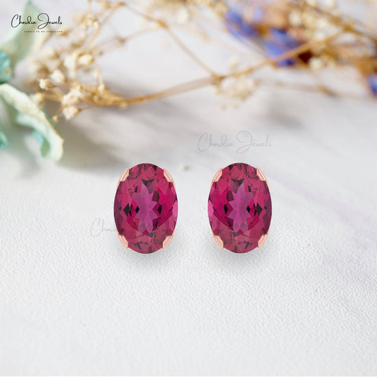 Genuine Pink Tourmaline Oval Cut Gemstone Studs Earring 14k Solid Gold Earrings For October Birthstone