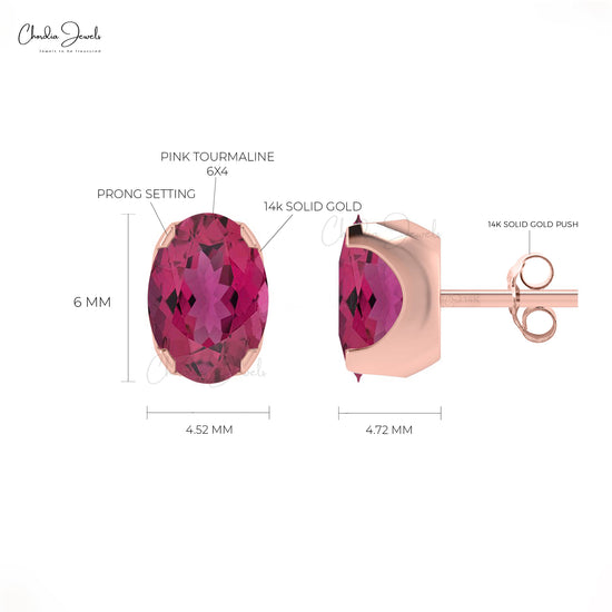 Genuine Pink Tourmaline Oval Cut Gemstone Studs Earring 14k Solid Gold Earrings For October Birthstone