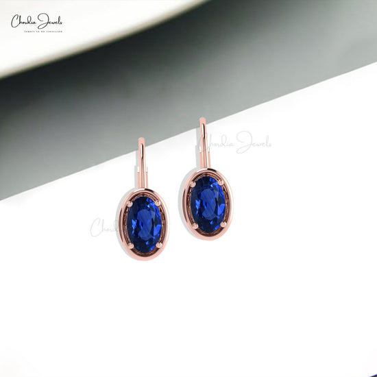 High Quality Minimalist Leverback Earrings Oval Shape Natural Blue Sapphire Gemstone Earring For Women 14k Solid Gold Light Weight Jewelry For Gift