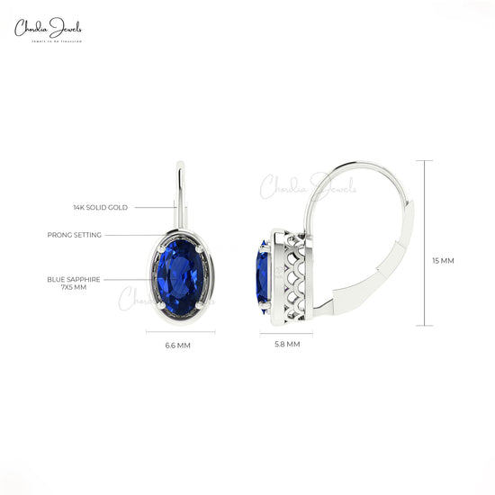 High Quality Minimalist Leverback Earrings Oval Shape Natural Blue Sapphire Gemstone Earring For Women 14k Solid Gold Light Weight Jewelry For Gift