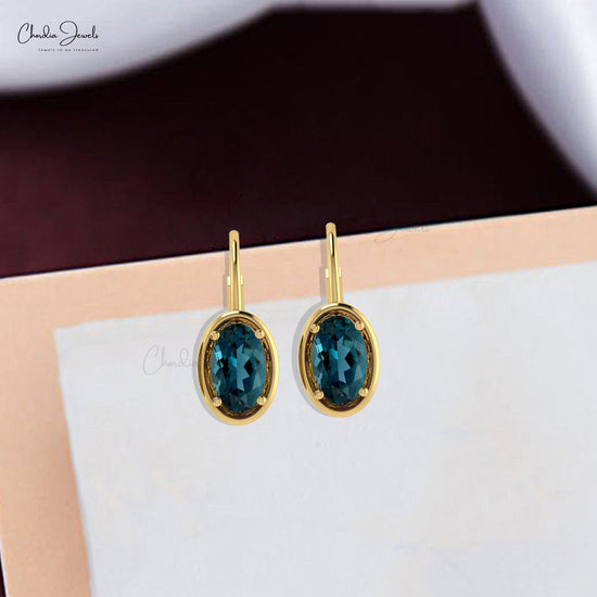 Elegant Beautiful Stylish Gemstone Earrings December Birthstone Natural London Blue Topaz Earrings With Lever Back Closure 14k Real Gold Fine Jewelry For Gift