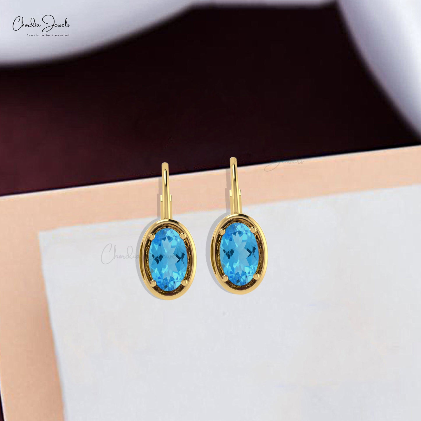 Genuine Swiss Blue Topaz Minimal Earrings 7x5mm Oval Gemstone Lever Back Earrings 14k Real Gold Antique Style Jewelry For Bridal