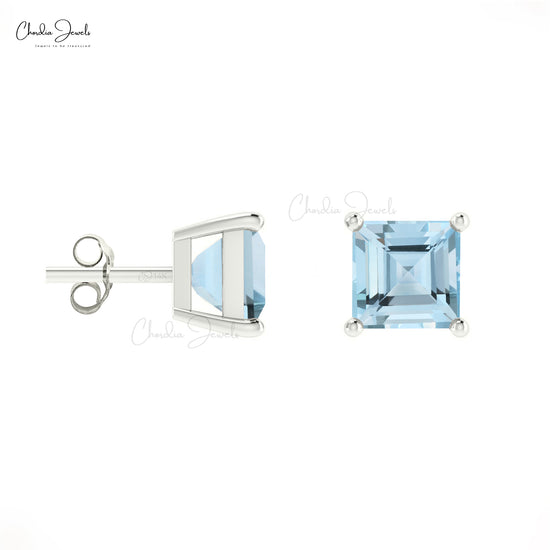 Natural 4mm Aquamarine Gemstone Square Studs 14k Solid Gold Solitaire Earrings For Women