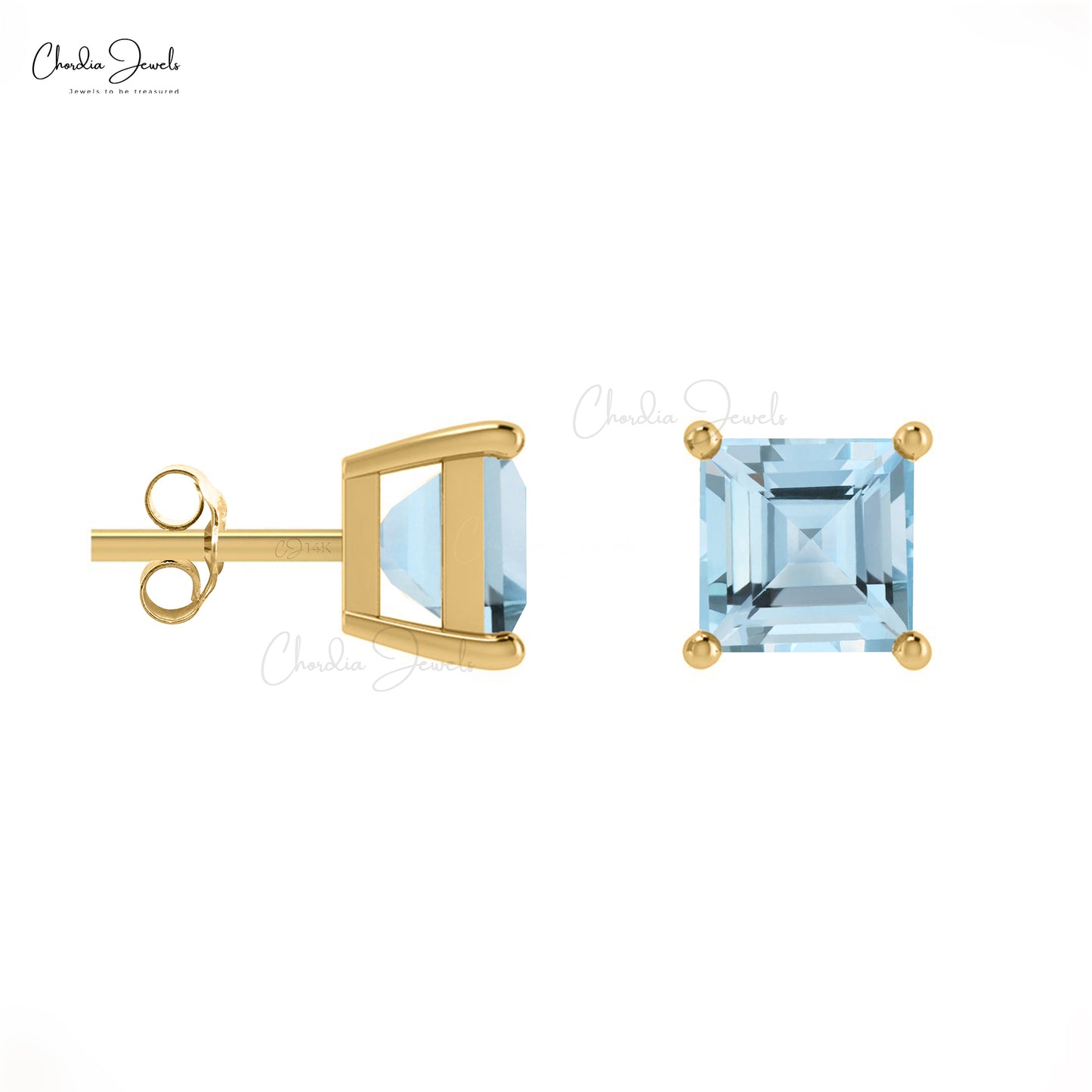 Natural 4mm Aquamarine Gemstone Square Studs 14k Solid Gold Solitaire Earrings For Women