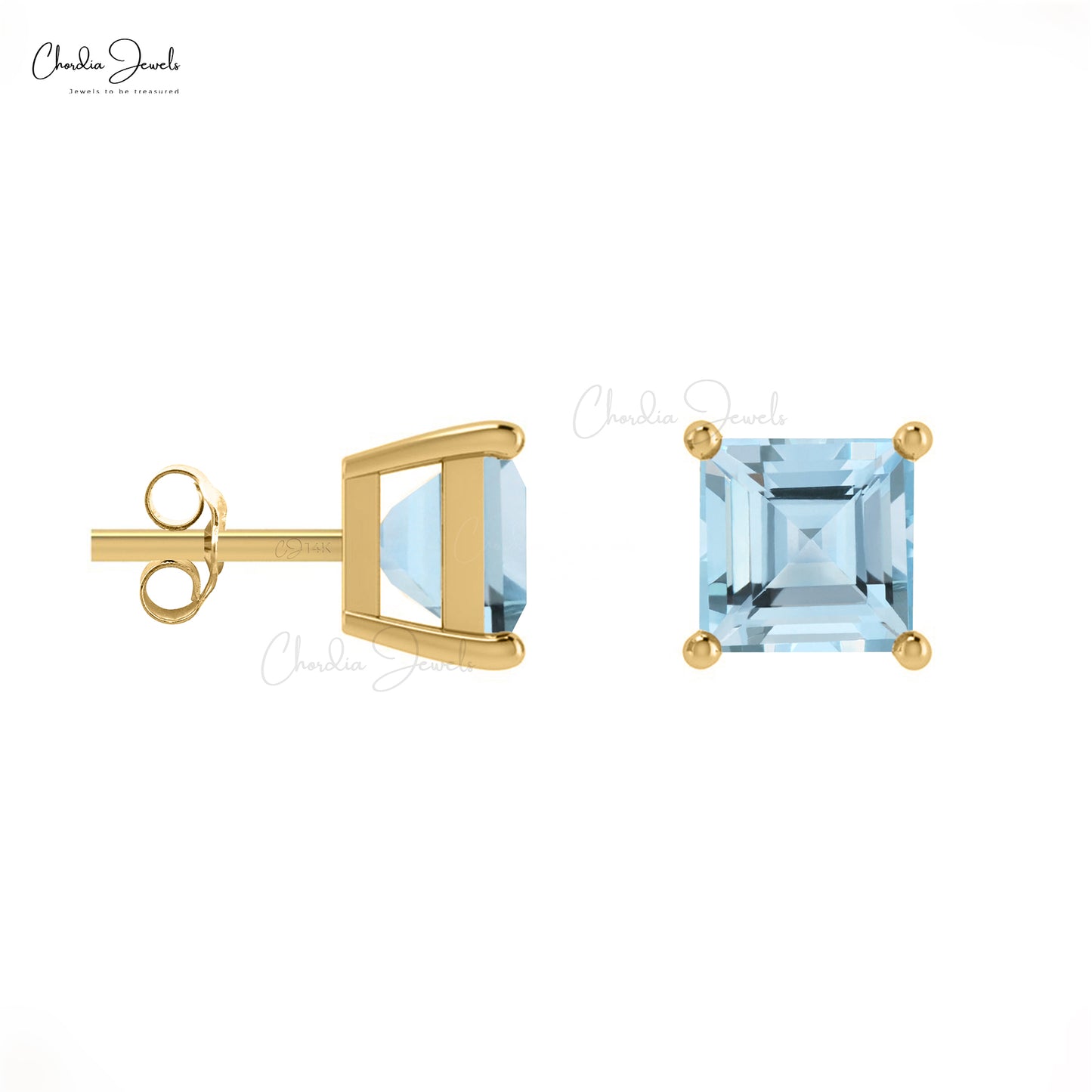 Load image into Gallery viewer, Natural 4mm Aquamarine Gemstone Square Studs 14k Solid Gold Solitaire Earrings For Women
