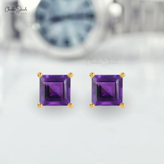 Purple Amethyst February Birthstone Studs 14k Real Gold 4mm Square Cut Natural Gemstone Minimal Earrings For Women's
