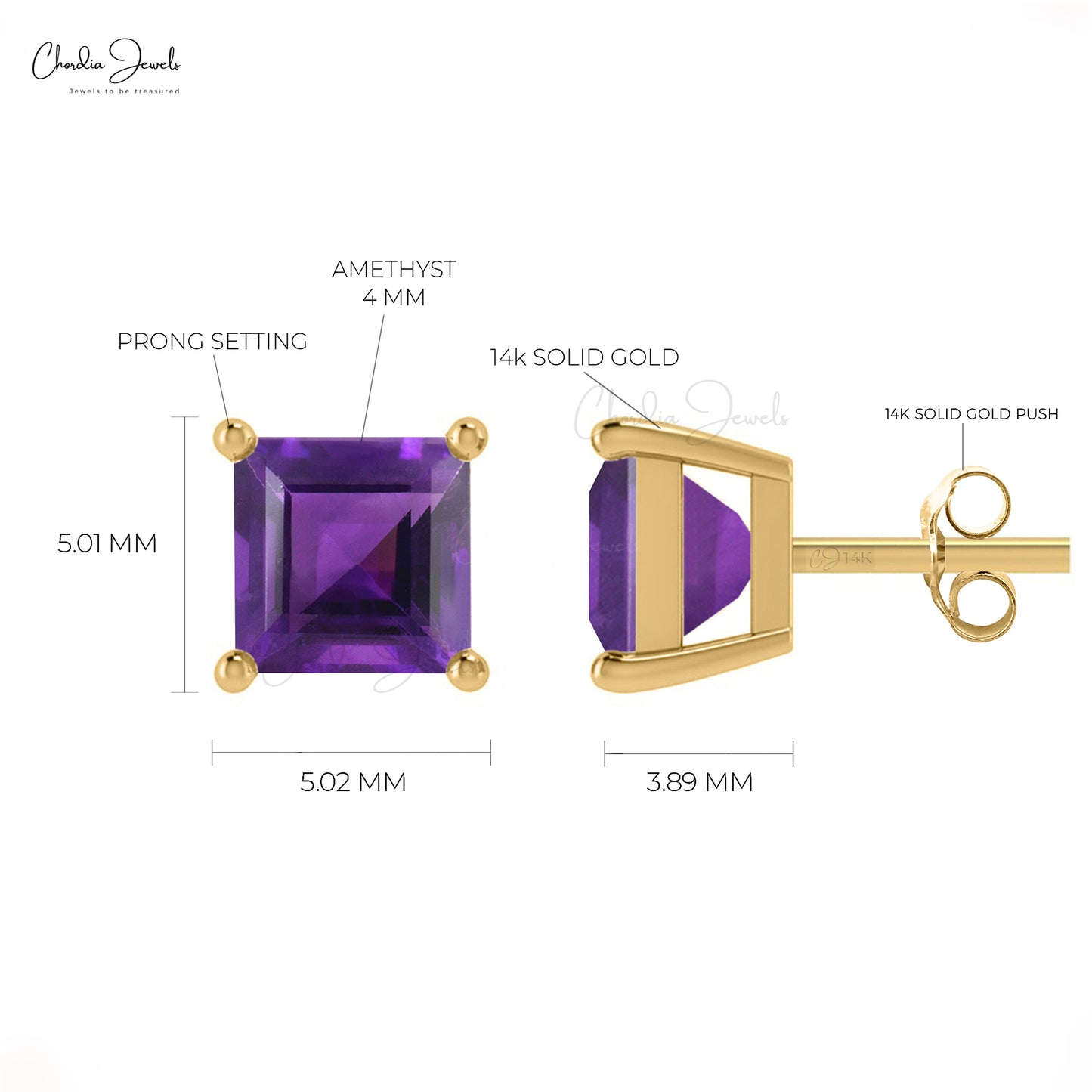 Purple Amethyst February Birthstone Studs 14k Real Gold 4mm Square Cut Natural Gemstone Minimal Earrings For Women's