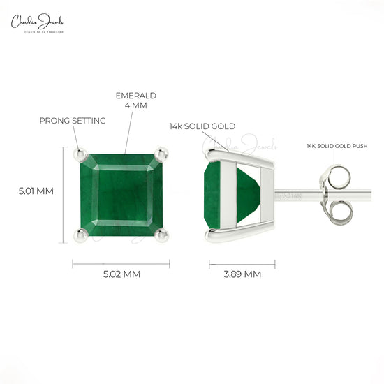 Elegant Emerald Square Studs 0.7Ct Square Cut Natural Gemstone Dainty Earrings 14k Real Gold Art Deco Jewelry For Anniversary Gift