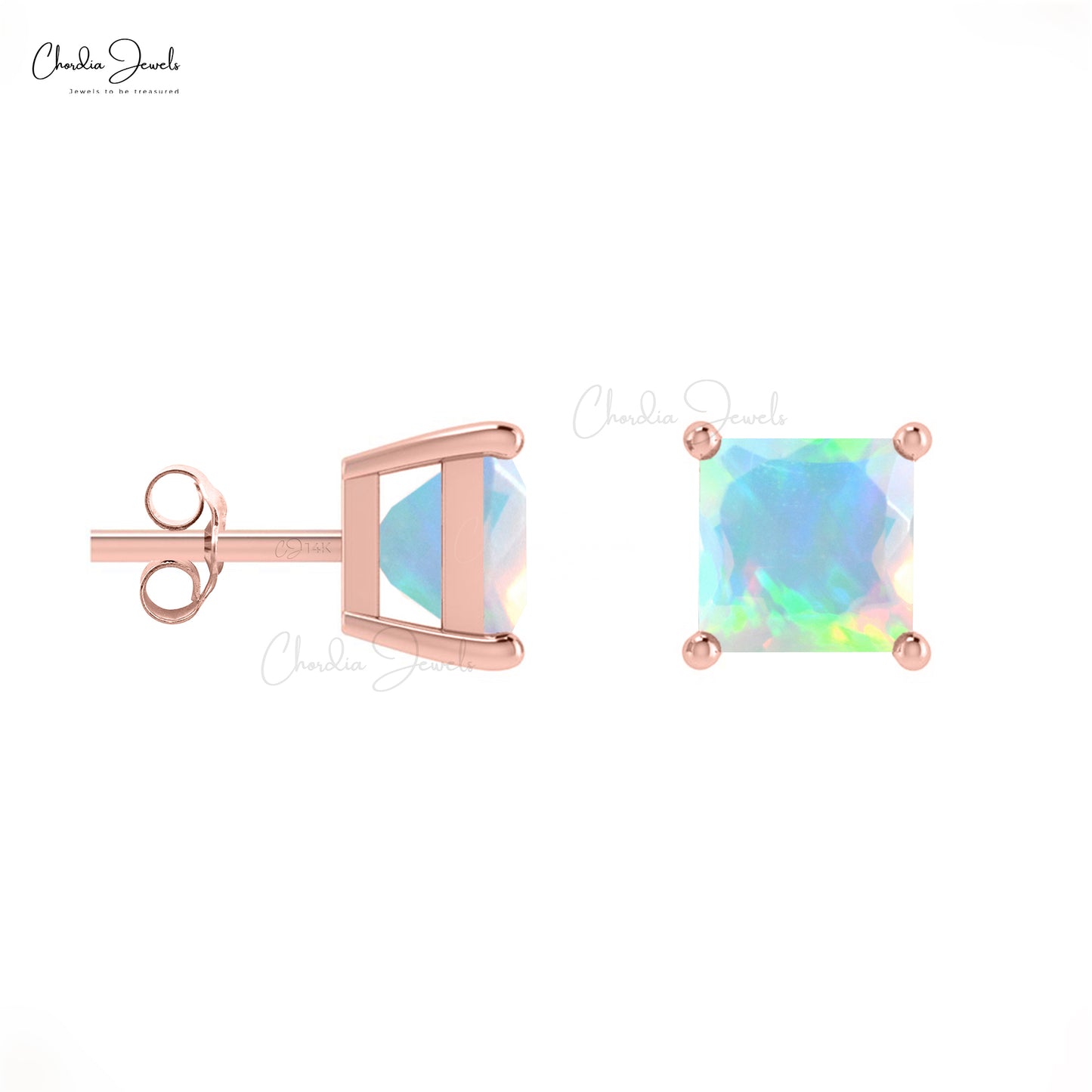 Load image into Gallery viewer, Natural Opal Solitaire Square Studs in 14k Solid Gold Handcrafted Dainty Earrings For Gift
