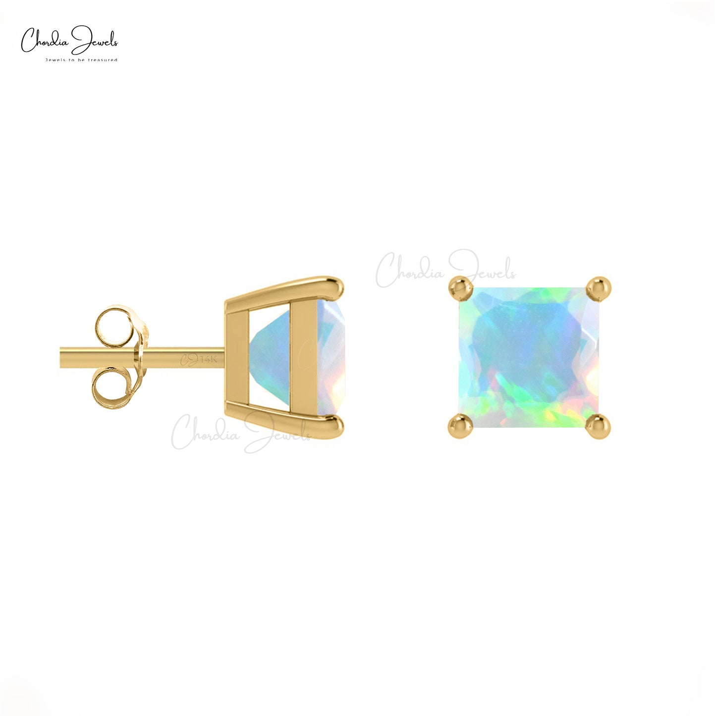 Load image into Gallery viewer, Natural Opal Solitaire Square Studs in 14k Solid Gold Handcrafted Dainty Earrings For Gift

