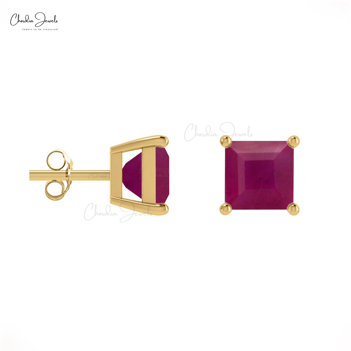 Square-Cut Ruby Studs in 14k Solid Gold July Birthstone Dainty Earrings For Women