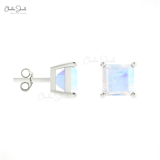 Genuine 4mm Rainbow Moonstone Solitaire Studs in 14k Solid Gold June Birthstone Earrings