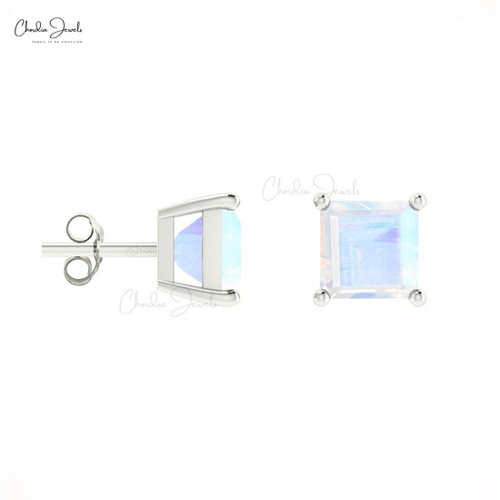 Load image into Gallery viewer, Genuine 4mm Rainbow Moonstone Solitaire Studs in 14k Solid Gold June Birthstone Earrings
