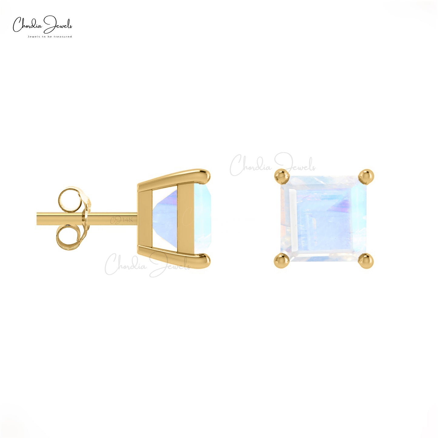 Genuine 4mm Rainbow Moonstone Solitaire Studs in 14k Solid Gold June Birthstone Earrings