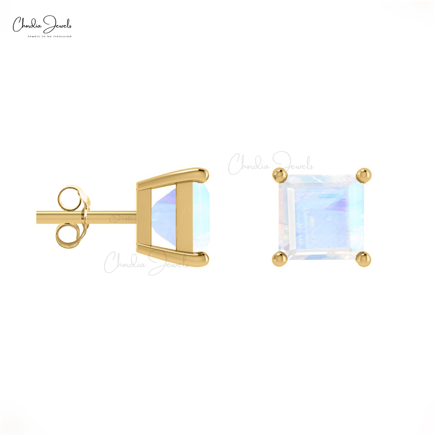 Load image into Gallery viewer, Genuine 4mm Rainbow Moonstone Solitaire Studs in 14k Solid Gold June Birthstone Earrings
