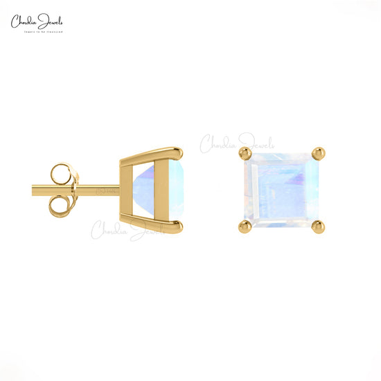 Genuine 4mm Rainbow Moonstone Solitaire Studs in 14k Solid Gold June Birthstone Earrings