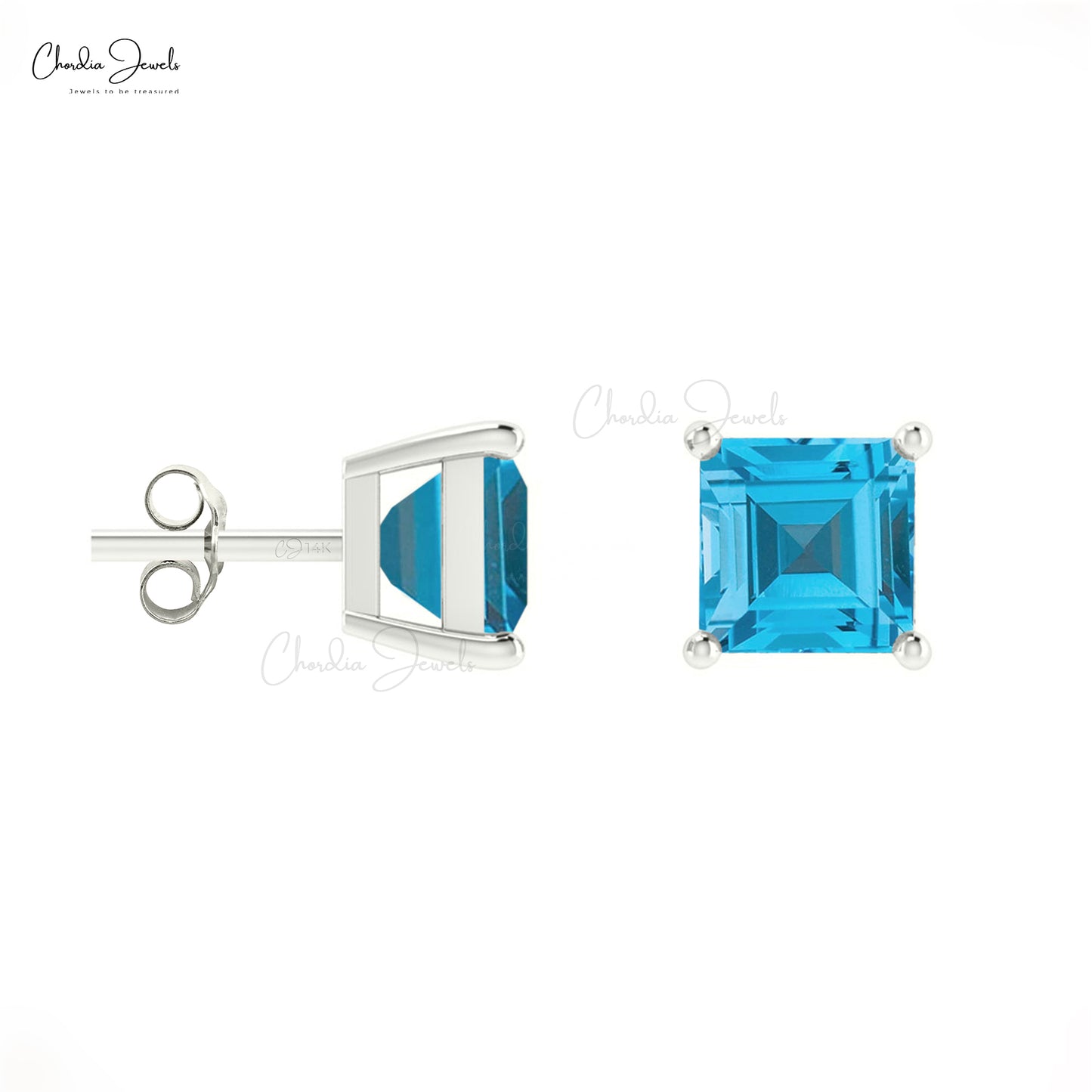 Natural Swiss Blue Topaz Stud Earrings in 14k Solid Gold Dainty Square Gemstone Studs