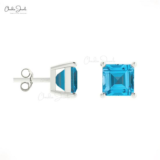 Natural Swiss Blue Topaz Stud Earrings in 14k Solid Gold Dainty Square Gemstone Studs