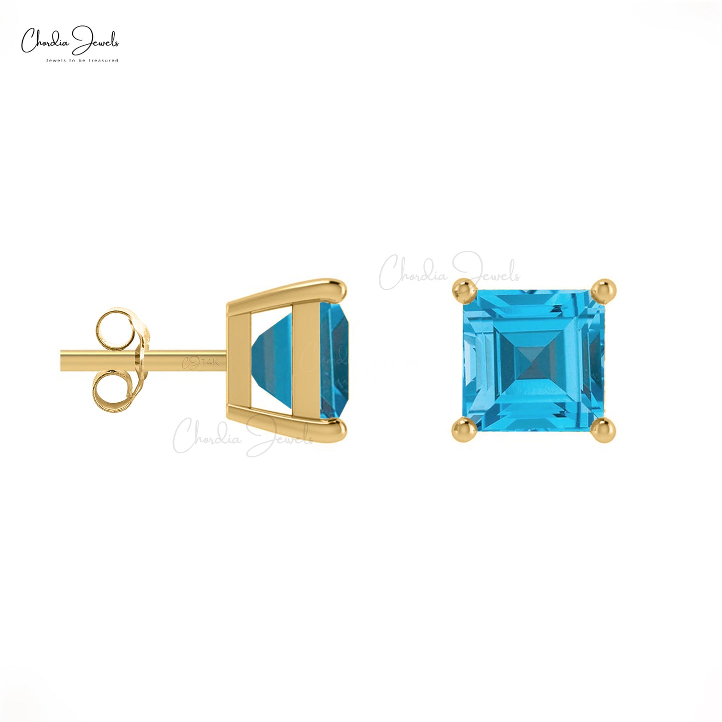 Natural Swiss Blue Topaz Stud Earrings in 14k Solid Gold Dainty Square Gemstone Studs