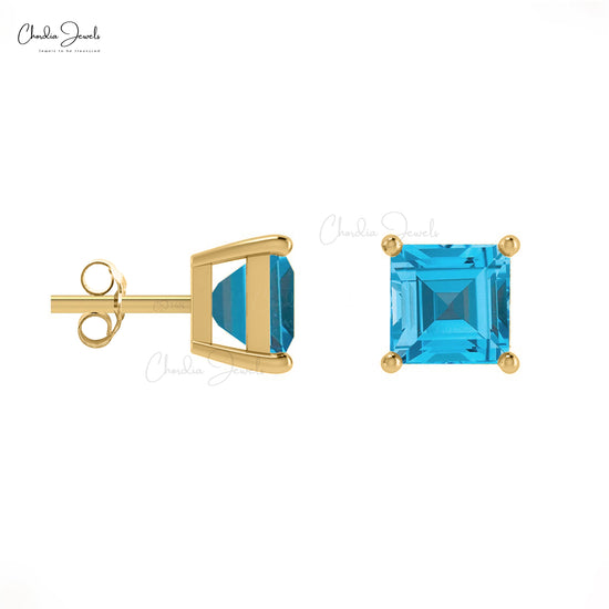 Natural Swiss Blue Topaz Stud Earrings in 14k Solid Gold Dainty Square Gemstone Studs