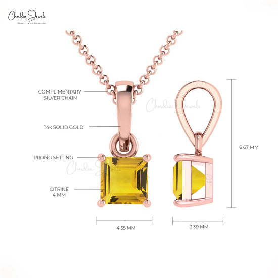 Solid 14k Gold Natural Citrine Pendant 4mm Square Cut Solitaire Pendant Elegant Hallmark Jewelry For Valentine's Day Gift